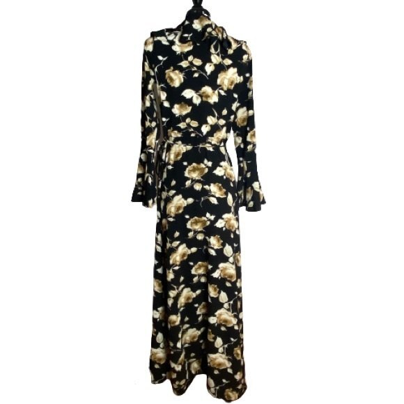 Beautiful Black Tan Floral Wrap Dress - Picture 3 of 5